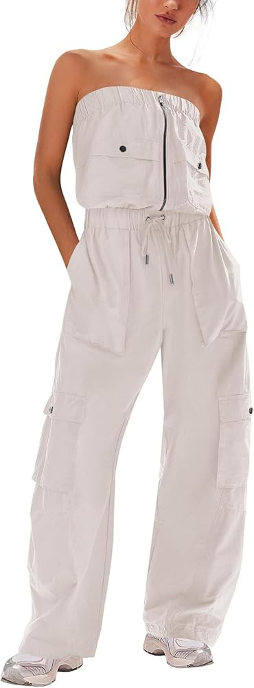LAMISSCHE Womens Strapless Jumpsuits Cargo Pants Jumpsuits Off The Shoulder Tube Rompers One Piec... | Amazon (US)