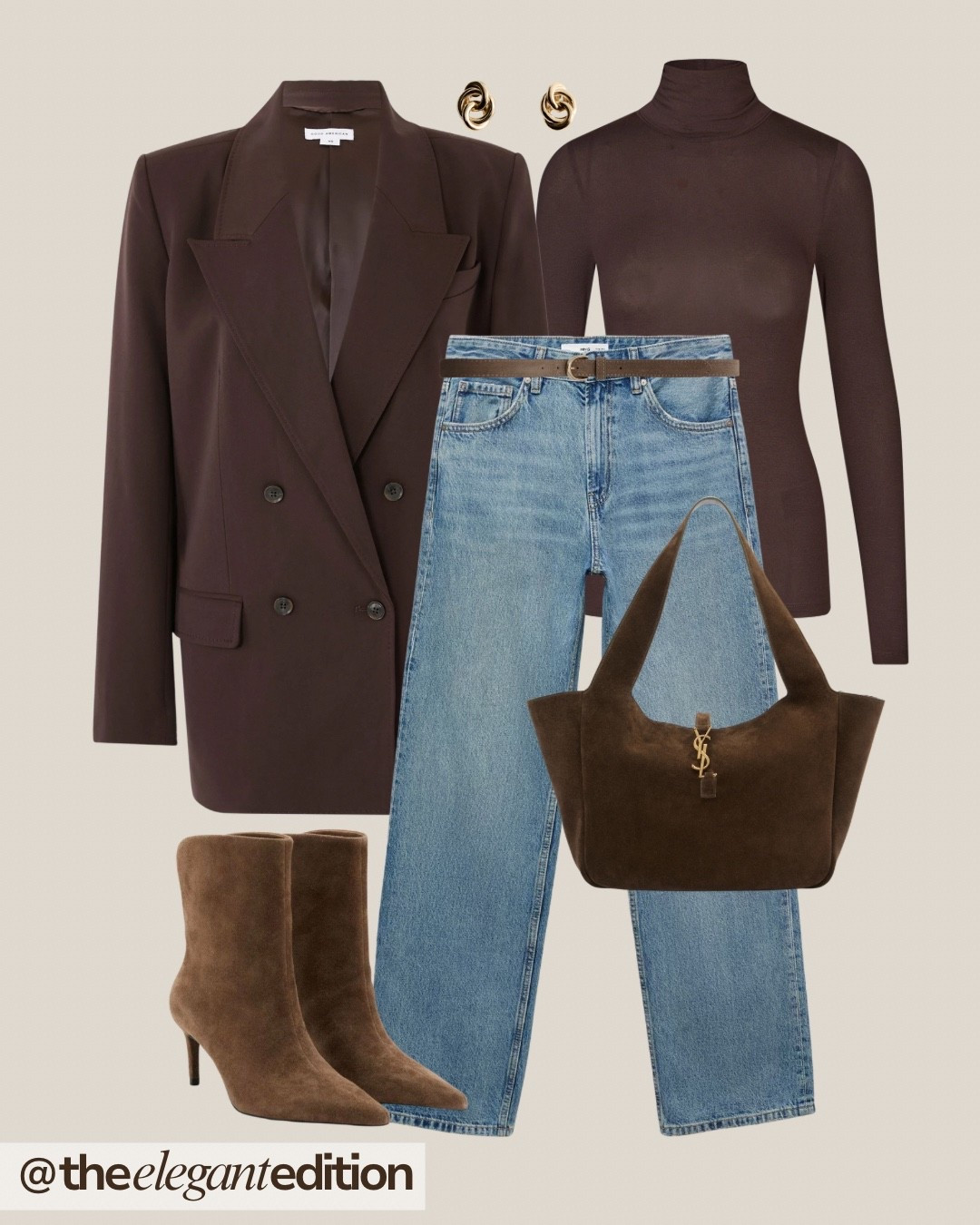 BROWN MONOCHROME ELEGANCE 🤎
brown blazer double breasted oversized chocolate brown turtleneck mesh sheer layering light wash straight jeans denim brown belt leather brown suede ankle boots heeled pointed toe brown suede hobo bag YSL tote gold earrings twisted fashion autumn winter office outfit elegant sophisticated monochrome

#LTKeurope #LTKstyletip #LTKworkwear

#LTKworkwear #LTKstyletip #LTKeurope