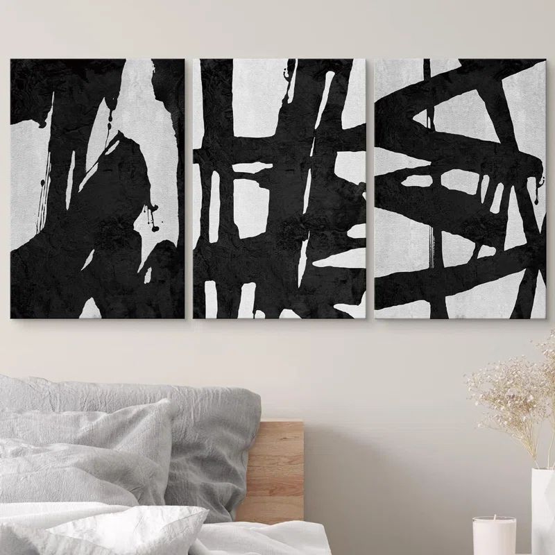 " Industrial Grunge Black And White Paint Strokes Abstract Shapes Minimalism Bohemian " 3 - Piece... | Wayfair North America