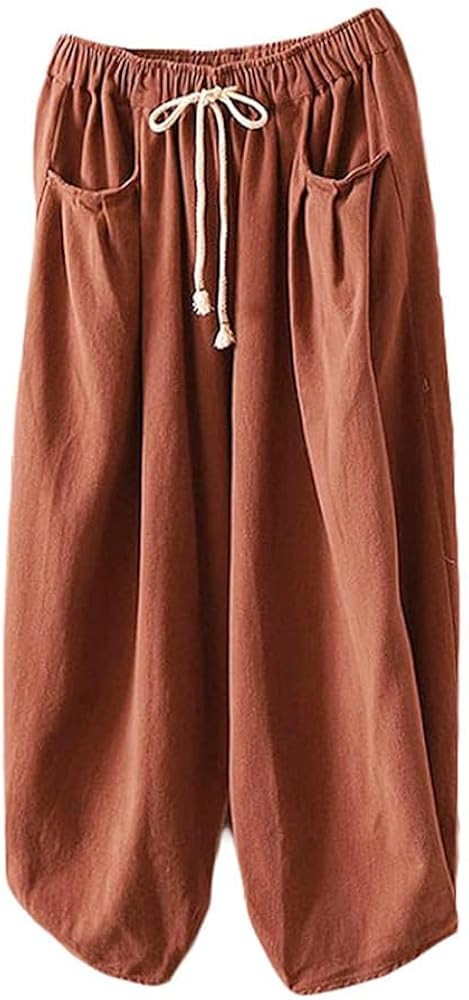 Minibee Women's Baggy Harem Pants Wide Leg Casual Pant Summer Cotton Drawstring Trousers with Poc... | Amazon (US)
