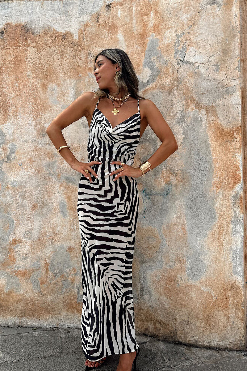 Gianna Zebra Cowl Neck Chiffon Maxi Dress | 12th Tribe