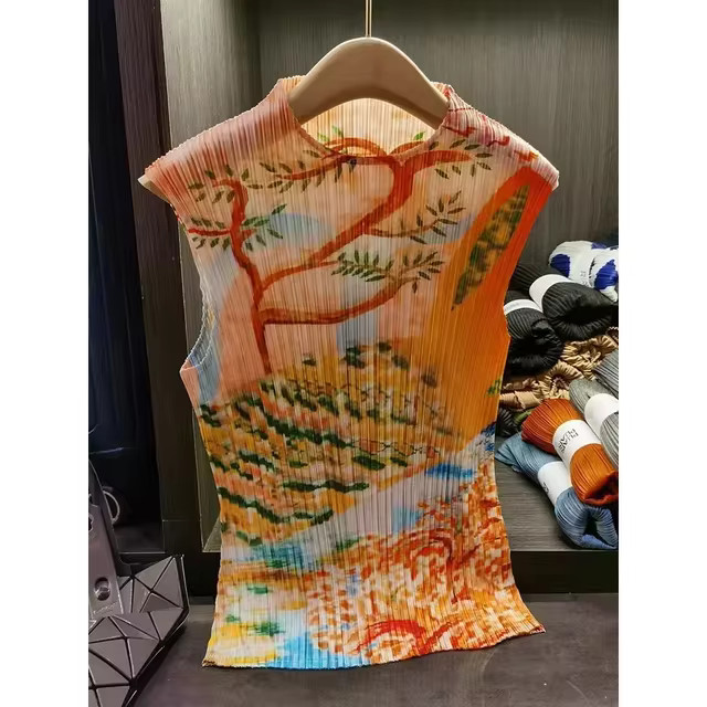 Miyake Original Design T-shirt 2023 Summer Pleated Flower Print Tops Casual Fashion Appear Thin L... | AliExpress (US)