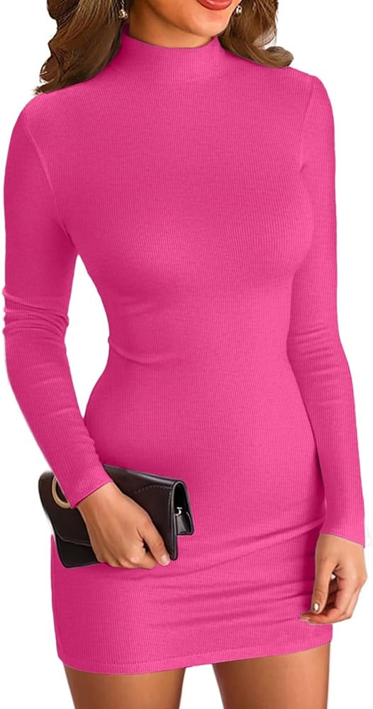 VICHYIE Women Mock Neck Ribbed Bodycon Dress Long Sleeve Mini Pencil Dresses | Amazon (US)