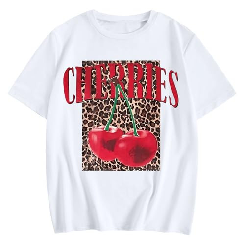 sunlifeus Cherry Leopard Shirts for Women Cute Fruit Cherries Tshirt Vintage Trendy Graphic Tees Aesthetic Short Sleeve Tops(White,XL) | Amazon (US)