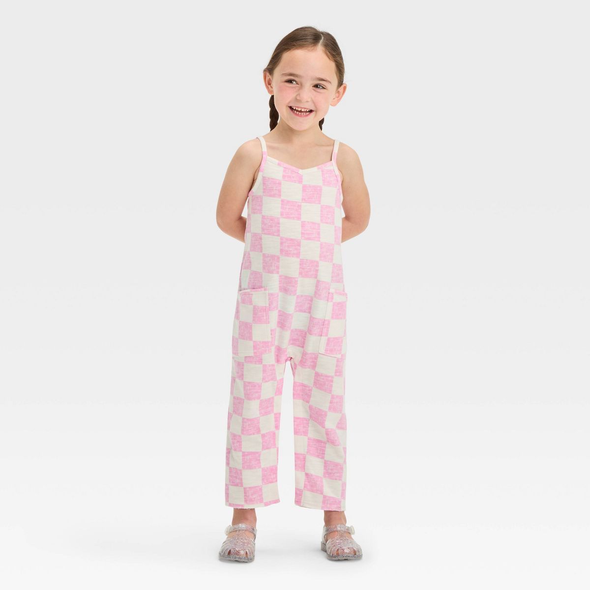 Grayson Mini Toddler Girls' French Terry Checkerboard Printed Jumpsuit - Pink | Target