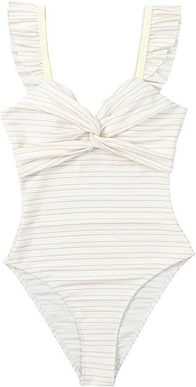 Verdusa Women's Striped Twist Front Ruffle Trim One Piece Swimsuit Bathing Suit | Amazon (US)
