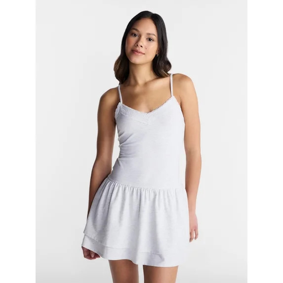 No Boundaries Lace Trim Tiered Mini Dress, Women's XXS-XXL | Walmart (US)