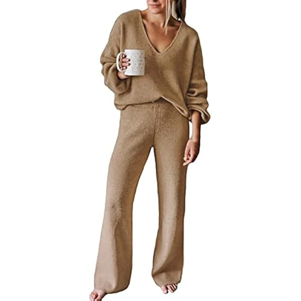 Viottiset Women's 2 Piece Outfits Casual V Neck Knit Wide Leg Sweater Lounge Set Sweatsuit | Amazon (US)