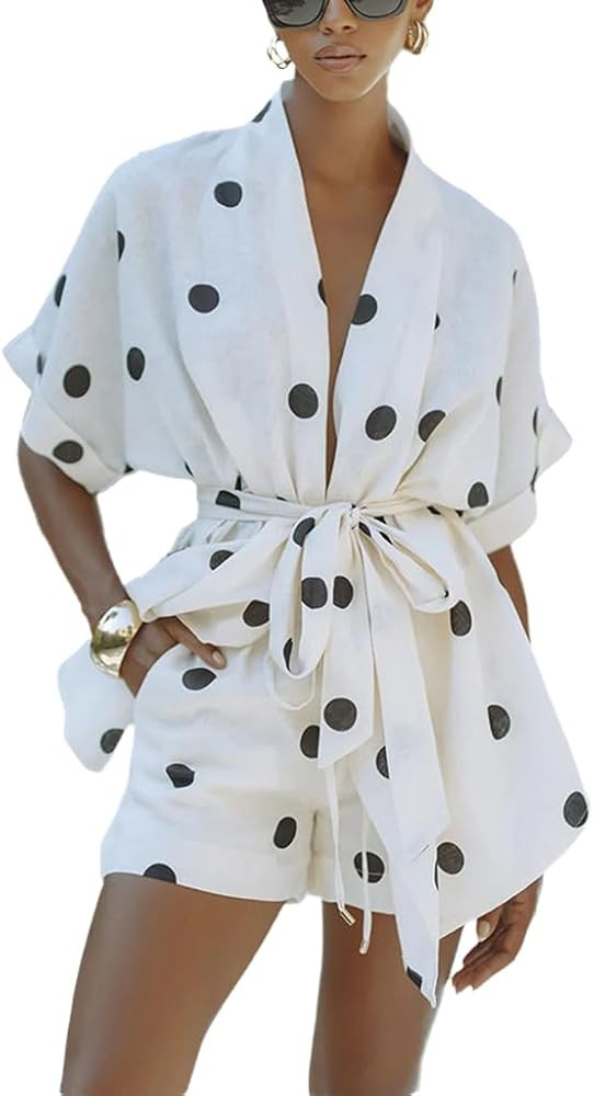 THLAI Matching Short Sets for Women Polka Dot 2 Piece Short Sleeve Tie Shirt Top and Shorts Casua... | Amazon (US)