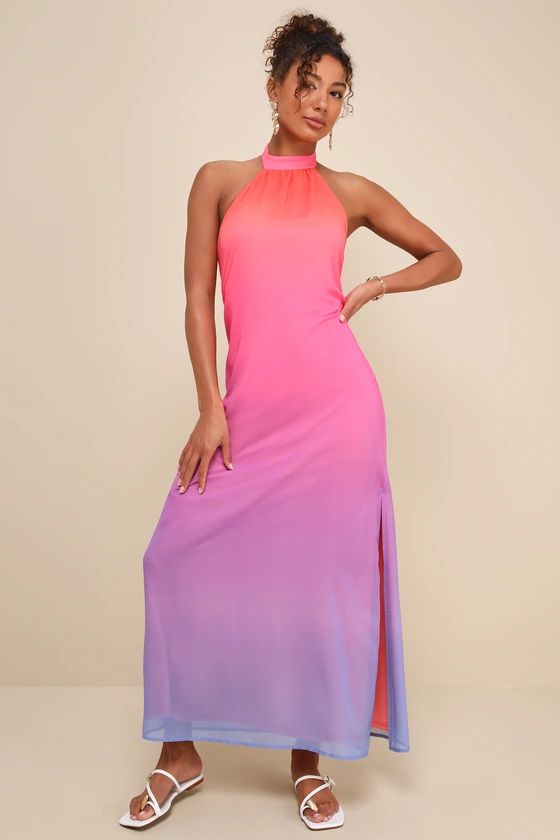Vivid Moment Pink Ombre Backless Halter Maxi Dress | Lulus