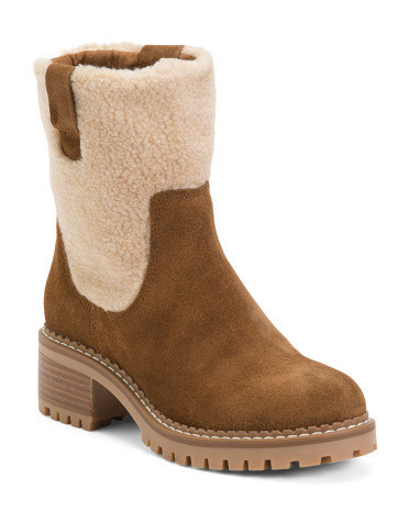 Suede Booties With Outside Sherpa Detail For Women | TJ Maxx
