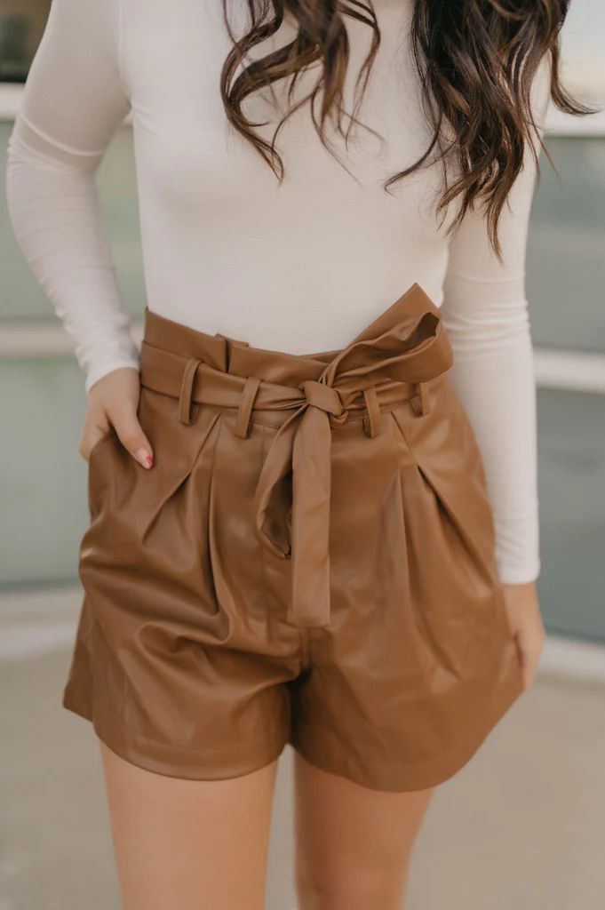 Hailee Camel Faux Leather Shorts | She Is Boutique