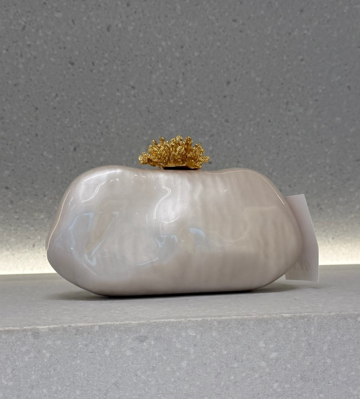 Pearl effect clutch with gold appliqué clasp detail! 