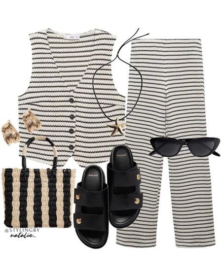 Stripe crochet waistcoat and trousers co ord set, leather sandals, stripe straw tote bag, starfish accessories, gold jewellery. Summer outfit, vacation outfit, holiday outfit.

#LTKSeasonal #LTKstyletip #LTKtravel