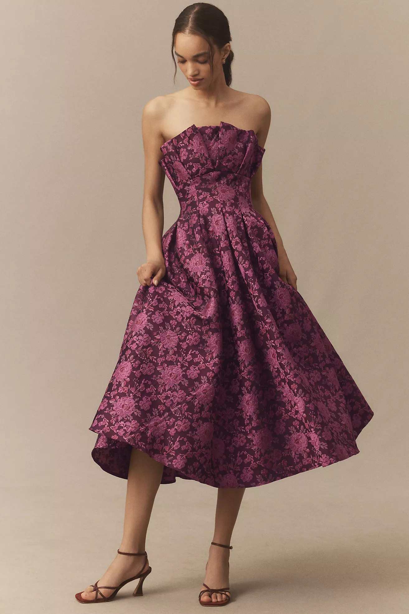 Mac Duggal Strapless Floral Brocade A-Line Midi Dress | Anthropologie (US)