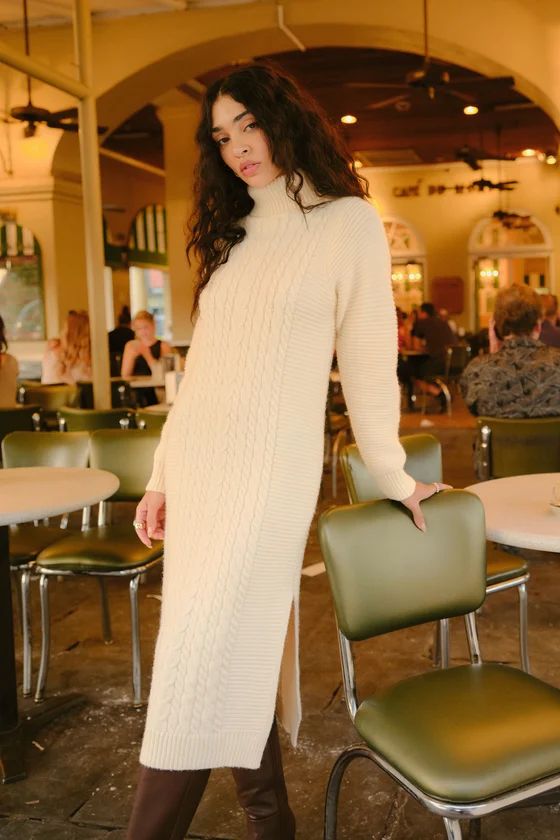 Snuggly Forecast Cream Cable Knit Turtleneck Sweater Midi Dress | Lulus (US)