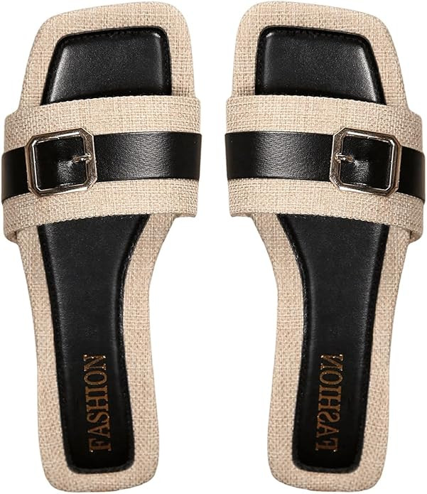 SHENHE Women's Colorblock Buckle Decor Flat Sandals Textured Square Open Toe Slide Shoes | Amazon (US)