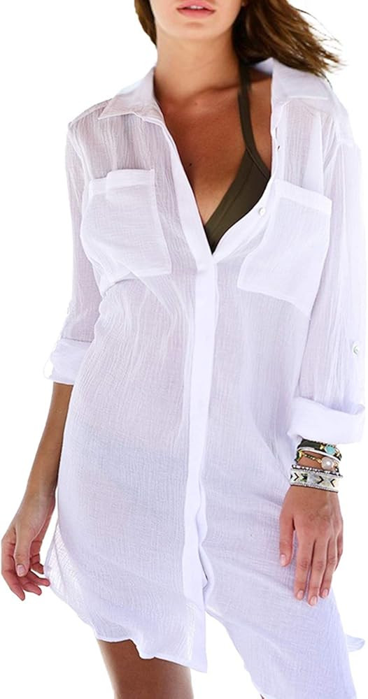 Women Sexy Vogue Button Down Shirts Crinkle Chiffon Bathing Suit Cover up Beachwear | Amazon (US)
