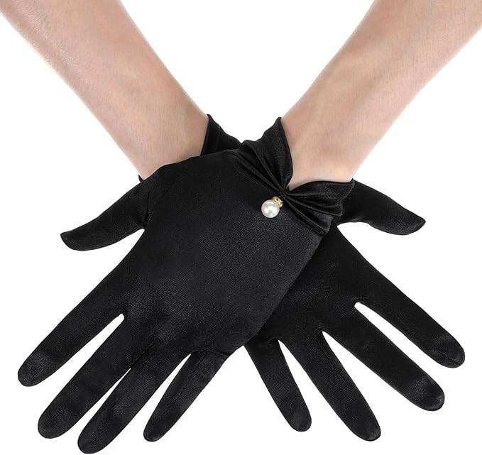 Black Satin Gloves, Glossy Tea Party Gloves, Black Glove Women Formal Decorated with Wrist Pearl ... | Amazon (US)