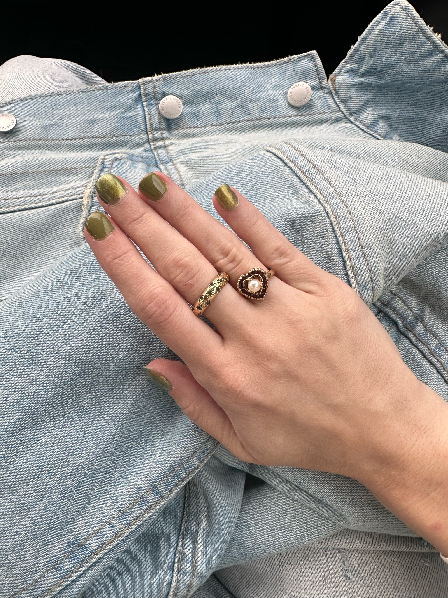 Avocado cat eye Nails for spring 
Rings are family heirlooms 

Nails | diy nails | diy manicure | green nails 

#LTKBeauty #LTKSeasonal #LTKFindsUnder50