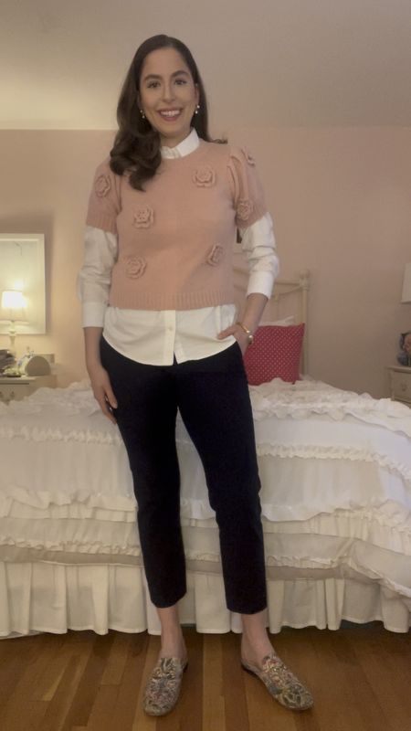 Spring workwear, spring office outfit, spring fashion, pink sweater, short sleeve sweater, comfortable work pants, high waisted work pants, business casual, office style, mules, white button down, white oxford, pink mules, gucci loafers, gucci mules

#LTKstyletip #LTKSeasonal #LTKworkwear