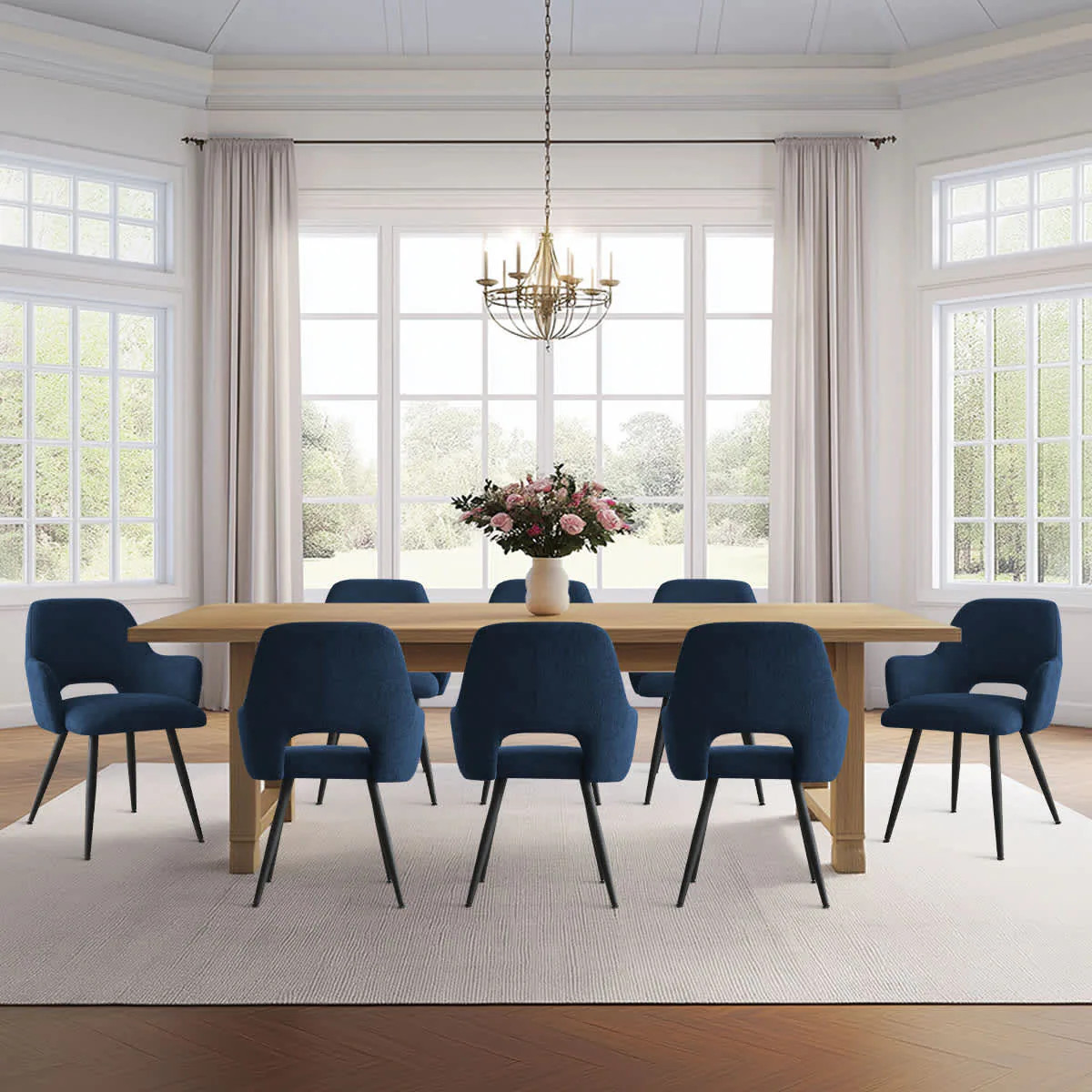Maison Boucle Set of 8 Modern Blue Upholstered Dining Chairs with Arms Open Back and Metal Legs for Kitchen | EDWIN-ARMCHAIR-BLUE8 | Lowe's