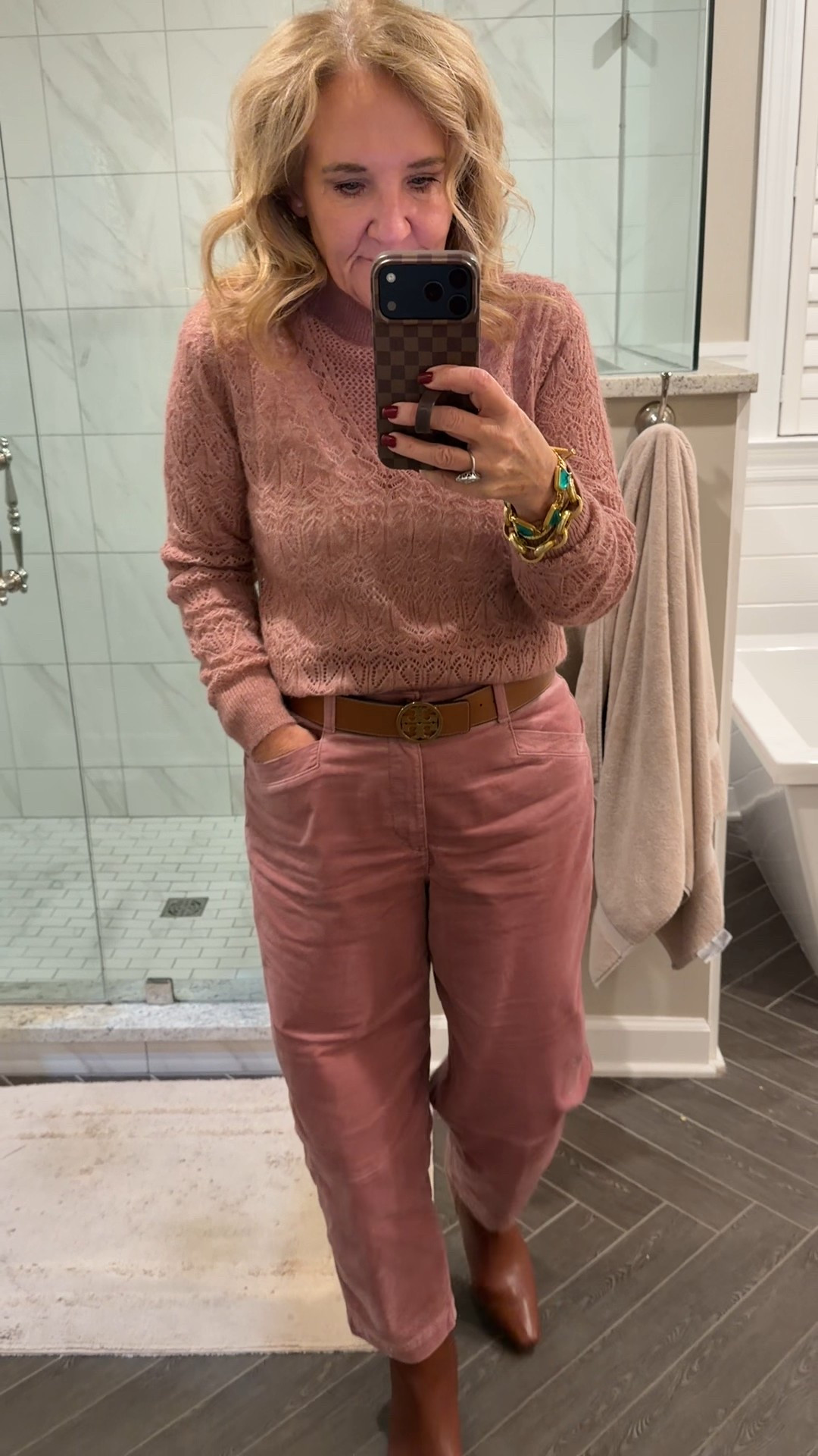 Some sizes still available. 
I’m wearing an 8 petite. Petites are gone but regular size is available. Try sizing down in reg size 
Sweater size medium. I wear a cami underneath. 
Tory Burch belt tts reversible 
Boots are loft too! I size up to a 1/2 
Pink outfit Valentine’s Day 

#LTKSeasonal #LTKOver40 #LTKFindsUnder50