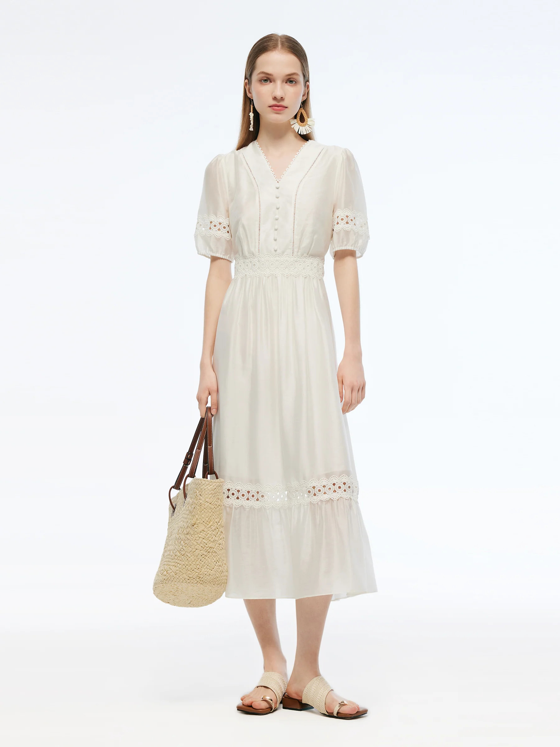 Tencel Blend Patchwork Lace Women Maxi Dress | GOELIA