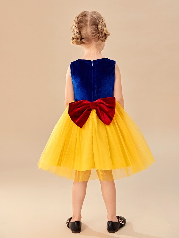 Toddler Girls Bow Back Mesh Hem Velvet Party Dress | SHEIN