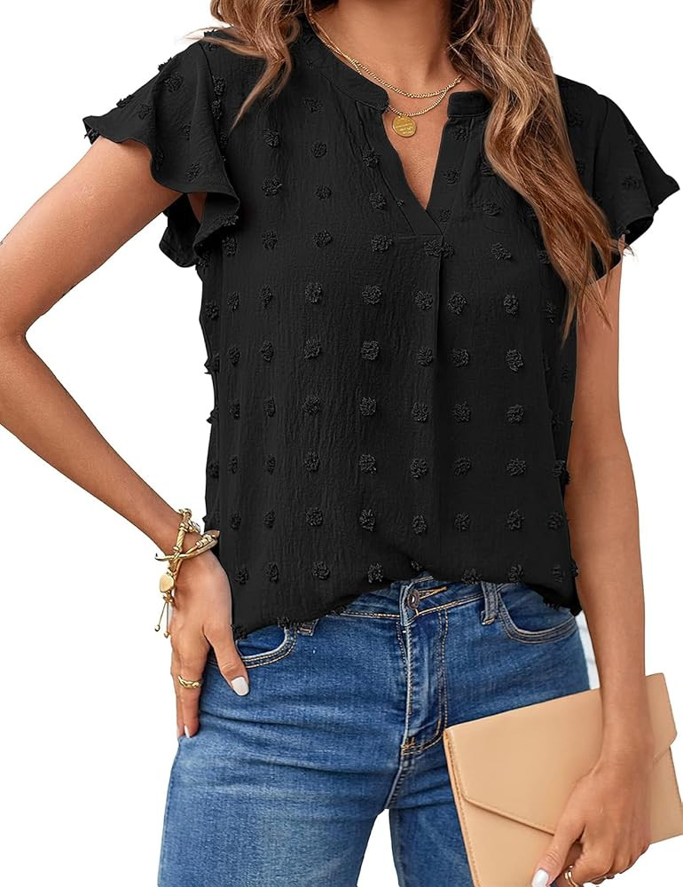 MEROKEETY Women 2025 Summer V Neck Ruffle Short Sleeve Blouse Swiss Dot Flowy Shirt Tunic Top | Amazon (US)