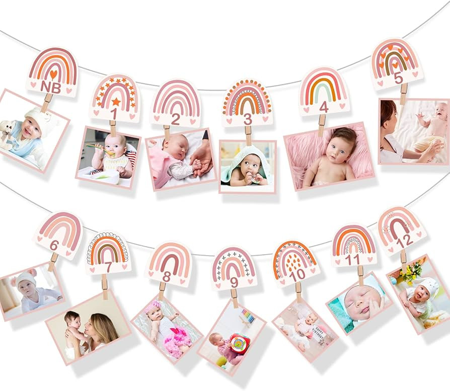 13 Pcs Rainbow First Birthday Photo Supplies Rainbow Baby Monthly Milestone Photo Banner Pink Gar... | Amazon (US)