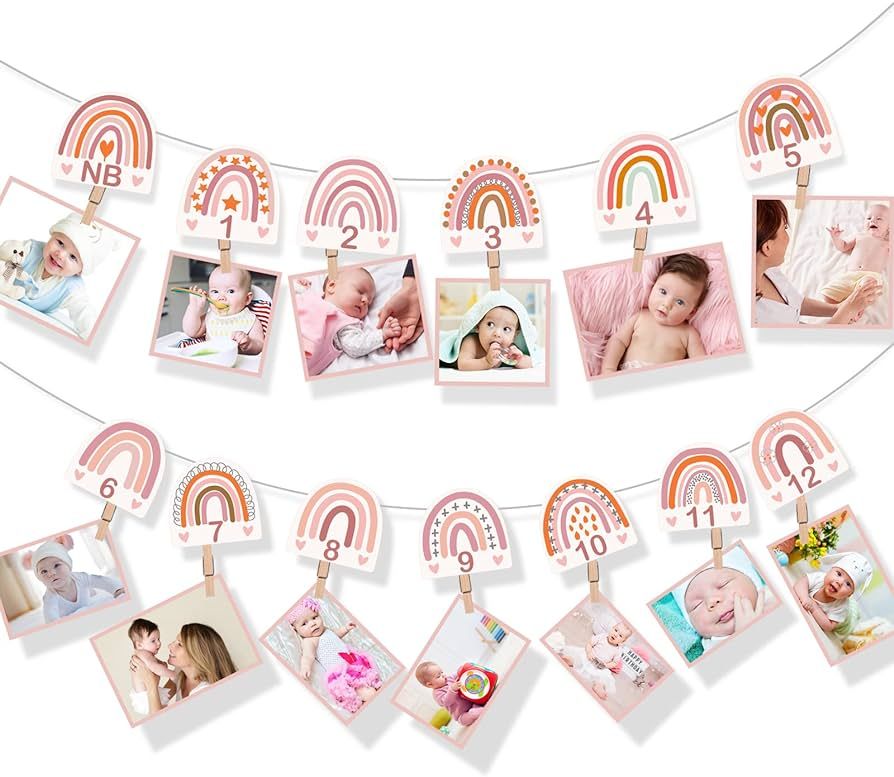 13 Pcs Rainbow First Birthday Photo Supplies Rainbow Baby Monthly Milestone Photo Banner Pink Gar... | Amazon (US)