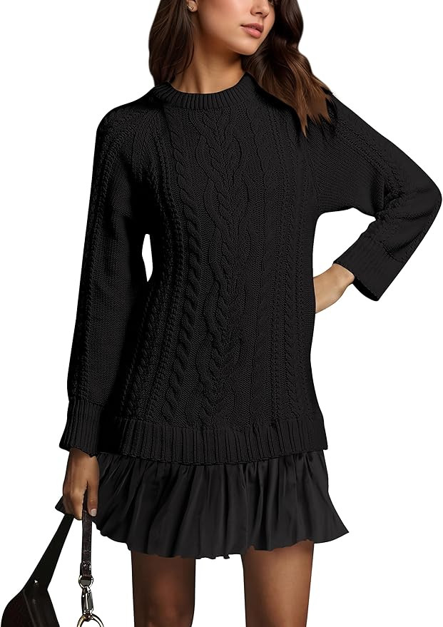 MISSACTIVER Women's Cable Knit Sweater Dress Causal Crew Neck Long Sleeve Patchwork Pleated Knit ... | Amazon (US)