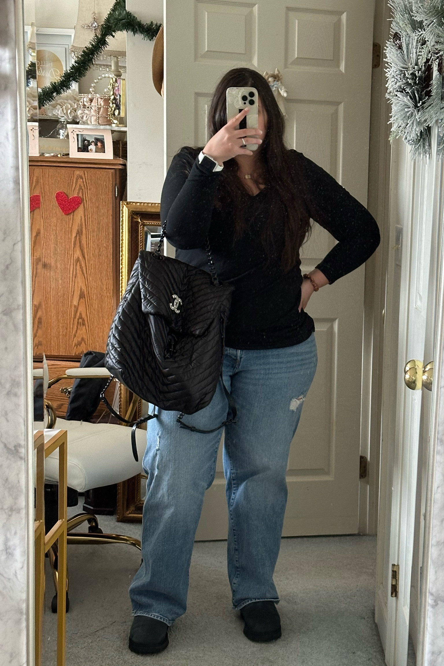 Needed to get dressed today for my mood + actually doing something ha! Comfy jeans + a black shirt are my go to. I love having a curated, intentional wardrobe so getting dressed isn’t a chore

My bag is old but found one on eBay. I also linked some similar new ones   

#LTKmidsize #LTKstyletip