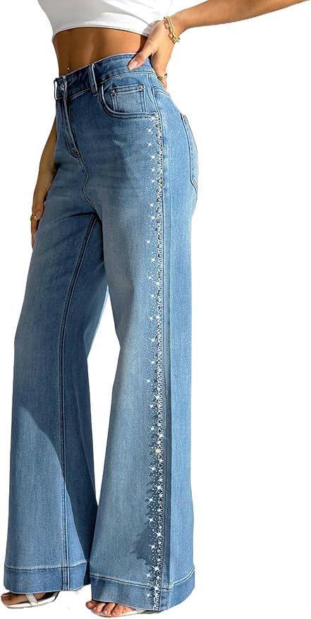 heipeiwa Women's Pearl Rhinestone Jeans Wide Leg Baggy Denim Pants High Waist Sparkle Shiny Sequi... | Amazon (US)