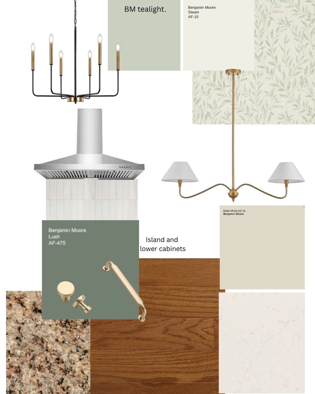 Kitchen and eating area makeover. 
Warm floor color with green.

Metal mixing with a farmhouse feel.

Do you need a modern kitchen mood board? 

#greenkitchen Vintage grandma kitchen, farmhouse kitchen, modern farmhouse, island lighting, chandelier, green wallpaper, sage, backsplash, Benjamin Moore Lush, Tealight, Steam, Ballet White. Design coach.  

 #LTKhome #LTKstyletip #LTKfamily