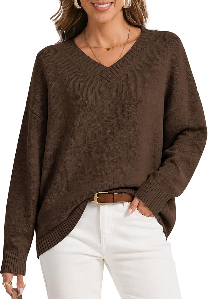 Womens Oversized Cashmere Blend V Neck Cozy Pullover Sweaters Tops | Lightweight Long Sleeve Ribb... | Amazon (US)