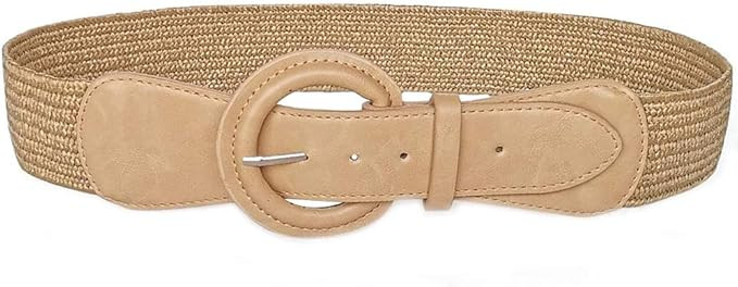 YUCFOREN Women Skinny Dress Belt, Elastic Stretch Waist Band Straw Woven Rattan Wood Buckle Belts | Amazon (US)