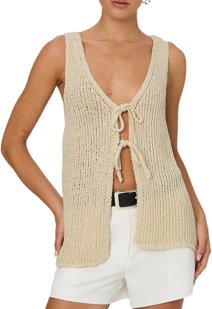 Y2k Crochet Vest Top for Women Sleeveless Tie Front Knit Tank Tops Vintage Casual Going Out Summe... | Amazon (US)
