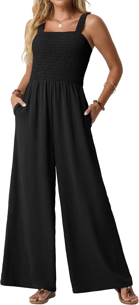 Lepunuo Jumpsuits for Women Casual One Piece Overalls Smocked Wide Leg Long Rompers With Pockets ... | Amazon (US)