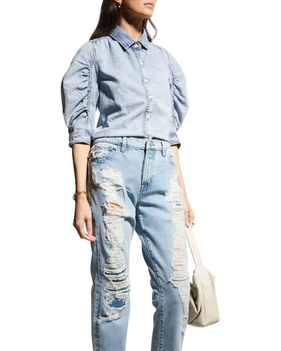 Ruched Puff-Sleeve Denim Shirt | Neiman Marcus