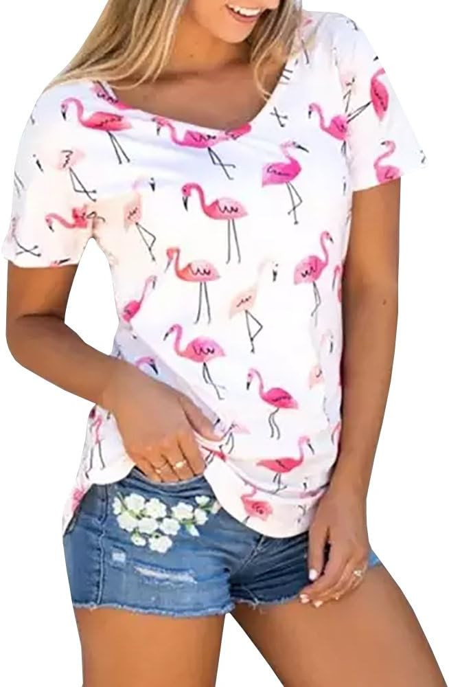 IHAOIZ Summer Women Cute Tops, Short Sleeve Shirts V Neck Blouses Flamingos Printed Tee for Women | Amazon (US)