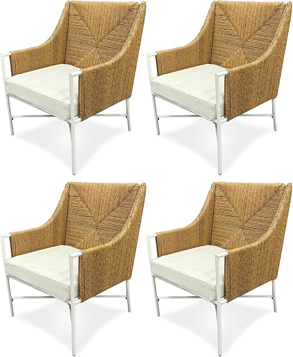 4-Piece Weaving Rattan Chair with Soft Base, Patio Dining Chairs Natural Wood Color with Rattan B... | Amazon (US)