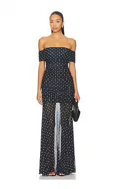 MAJORELLE Lena Gown in Dark Navy & Cream Dot from Revolve.com | Revolve Clothing (Global)