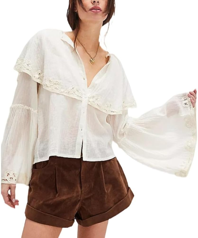 Boho Lace Bow Tie Front Top for Women Cute Sheer Ruffle Flowy Long Sleeve Shirts Coquette V Neck ... | Amazon (US)