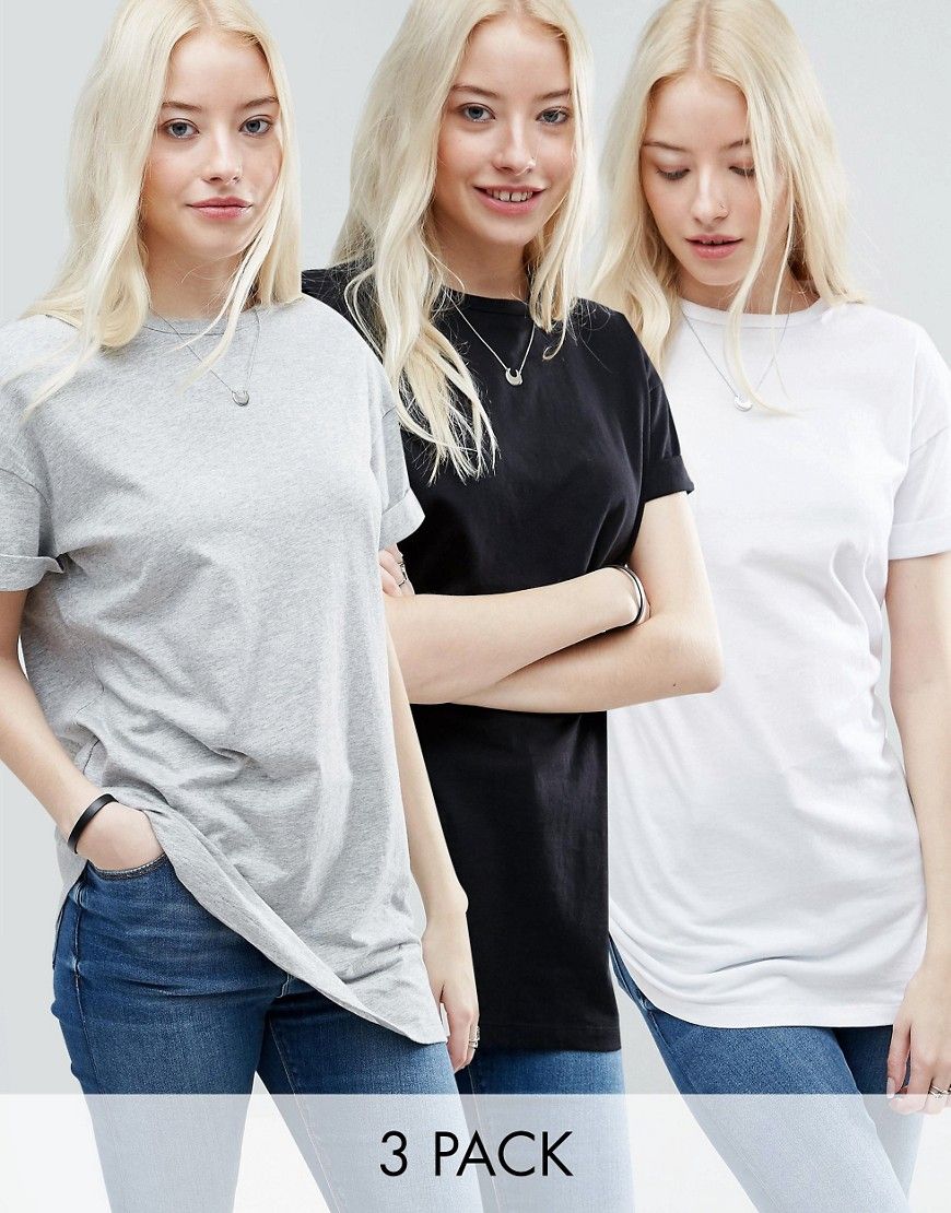 ASOS The Ultimate Easy Longline T-Shirt 3 Pack - Black/white/grey mar | ASOS UK