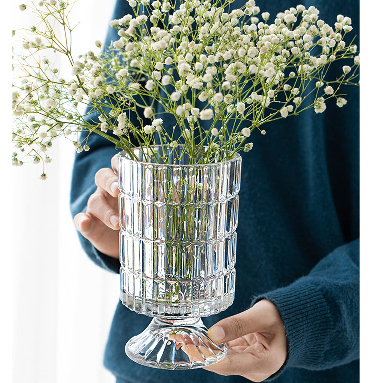 Modern Ribbed Glass Vase with Embossed Base - Clear Hydroponic Design for Home Decor, Wedding Par... | Amazon (US)