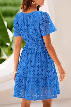 PRETTYGARDEN 2025 Women Summer Short Dress V Neck Short Sleeve A Line Hollow Out Lace Ruffle Cute... | Amazon (US)