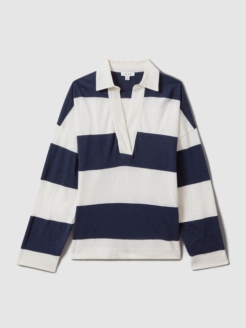 Reiss Navy/Ivory Abigail Striped Cotton Open-Collar T-Shirt | Reiss UK