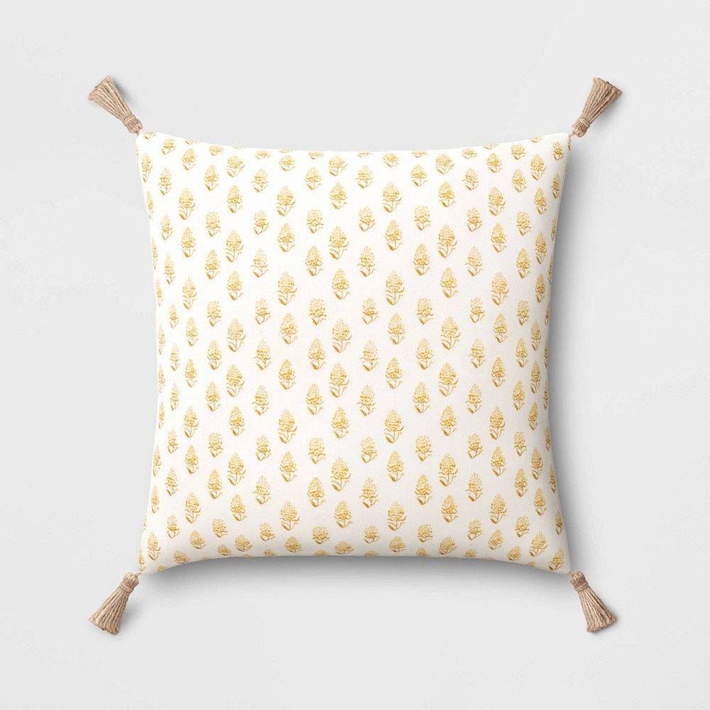 18""x18"" Block Printed Square Throw Pillow with Tassels Yellow - Threshold | Target